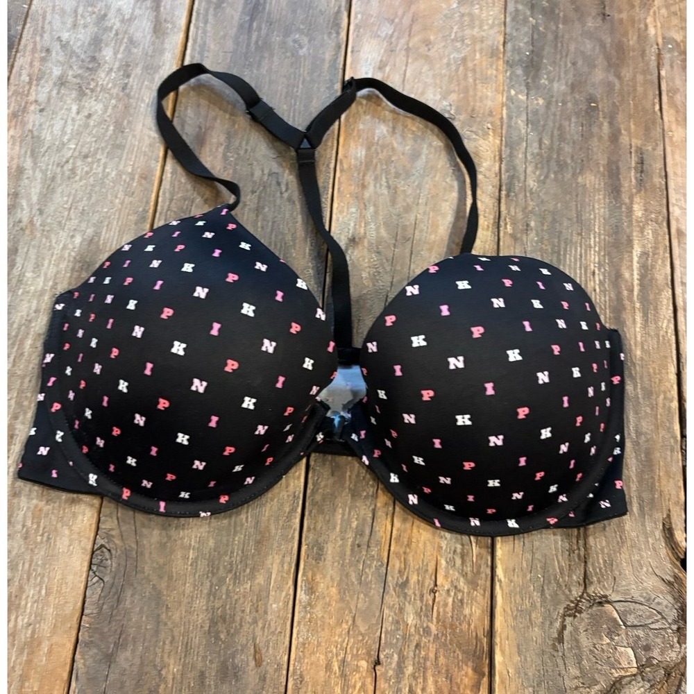 PINK Victoria's Secret Wear Everywhere T-Shirt Bra Front Close Black Pink 36D